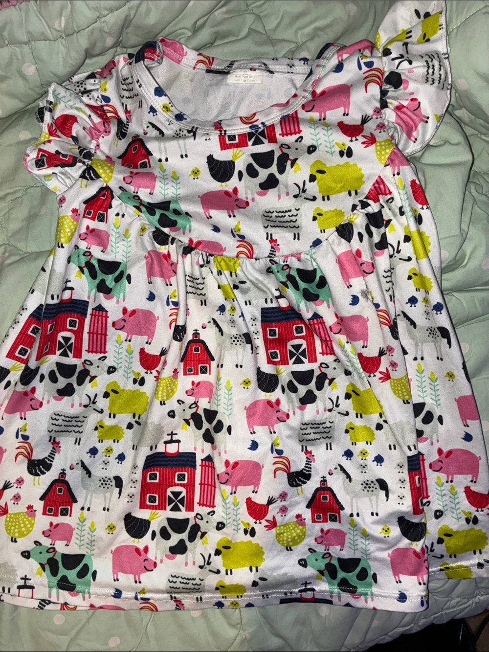 Farm Animal Print Girls Dress - White with Pink, Yellow & Black